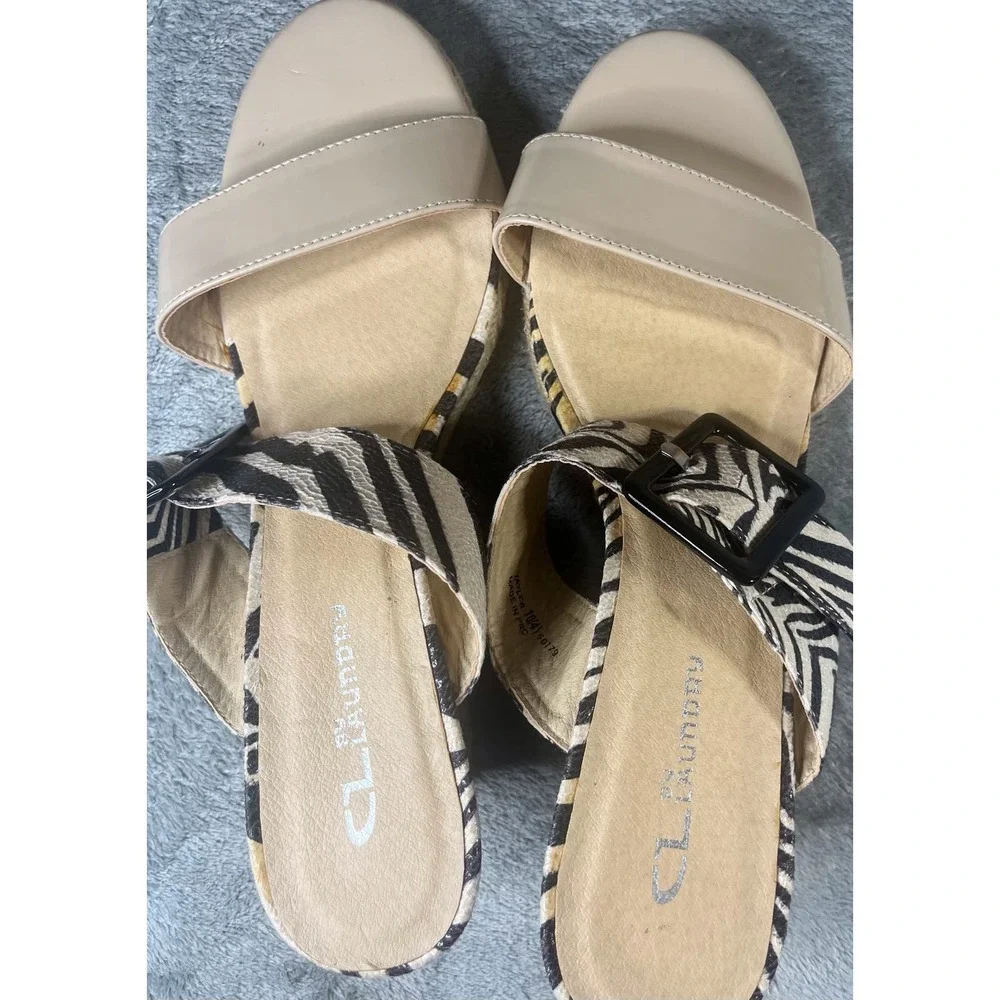 CL Laundry Tayler Zebra‎ Print Patent Wedge Sandals Tan Black 10/41
